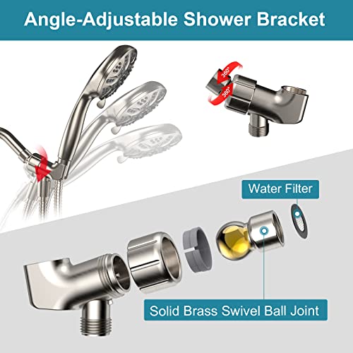 High Pressure Handheld Shower Head, 6 Spray Settings Full Brushed Nickel Shower Head with Handheld, 4.3" High Flow Hand Held Shower head Set with Stainless Steel Hose and Adjustable Bracket