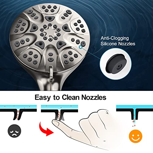 High Pressure Handheld Shower Head, 6 Spray Settings Full Brushed Nickel Shower Head with Handheld, 4.3" High Flow Hand Held Shower head Set with Stainless Steel Hose and Adjustable Bracket