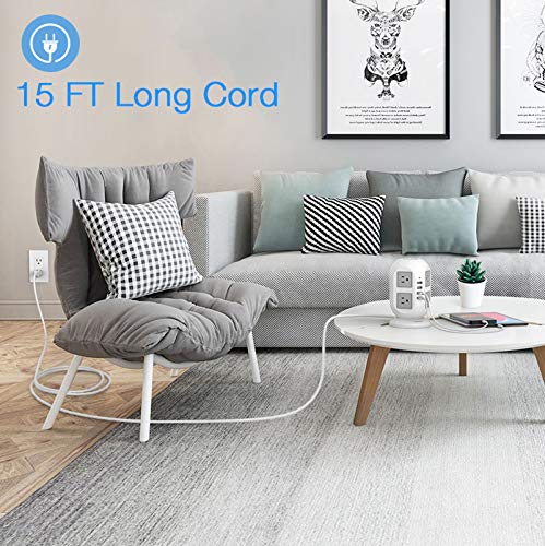 Power Strip Tower TESSAN Surge Protector 8 AC Outlets 4 USB Ports, Long Extension Cord 15ft, Charging Station Power Strip Extension Cord Multiple Outlets for Home, Office, School