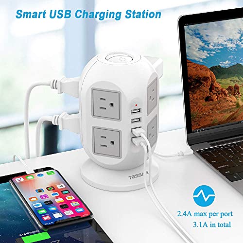 Power Strip Tower TESSAN Surge Protector 8 AC Outlets 4 USB Ports, Long Extension Cord 15ft, Charging Station Power Strip Extension Cord Multiple Outlets for Home, Office, School