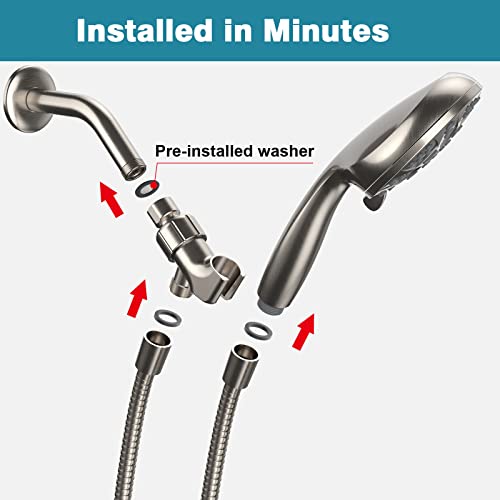 High Pressure Handheld Shower Head, 6 Spray Settings Full Brushed Nickel Shower Head with Handheld, 4.3" High Flow Hand Held Shower head Set with Stainless Steel Hose and Adjustable Bracket