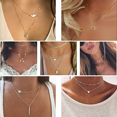 20 PCS Multiple DIY Layered Choker Necklace for Women with Sexy Coin Moon Star Multilayer Choker Chain Y Necklaces Set Adjustable Gold Silver Bar Pendant Y Necklace for Teens Girls Women (20 PCS)