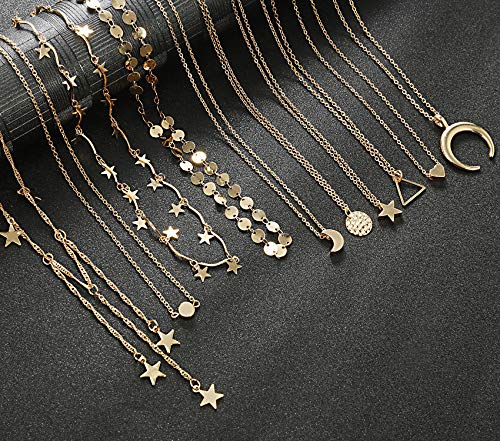 20 PCS Multiple DIY Layered Choker Necklace for Women with Sexy Coin Moon Star Multilayer Choker Chain Y Necklaces Set Adjustable Gold Silver Bar Pendant Y Necklace for Teens Girls Women (20 PCS)