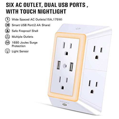 USB Wall Charger, Surge Protector, POWRUI 6-Outlet Extender with 2 USB Charging Ports (2.4A Total) and Night Light, 3-Sided Power Strip with Adapter Spaced Outlets - White?ETL Listed