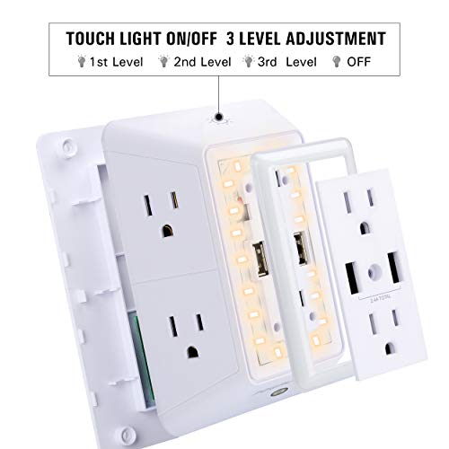 USB Wall Charger, Surge Protector, POWRUI 6-Outlet Extender with 2 USB Charging Ports (2.4A Total) and Night Light, 3-Sided Power Strip with Adapter Spaced Outlets - White?ETL Listed