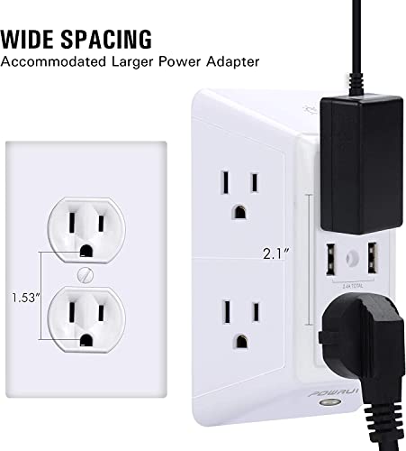 USB Wall Charger, Surge Protector, POWRUI 6-Outlet Extender with 2 USB Charging Ports (2.4A Total) and Night Light, 3-Sided Power Strip with Adapter Spaced Outlets - White?ETL Listed