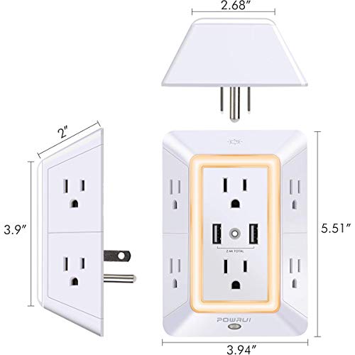 USB Wall Charger, Surge Protector, POWRUI 6-Outlet Extender with 2 USB Charging Ports (2.4A Total) and Night Light, 3-Sided Power Strip with Adapter Spaced Outlets - White?ETL Listed
