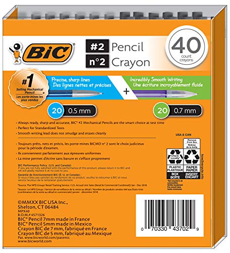 BIC Mechanical Pencil #2 EXTRA SMOOTH, Variety Bulk Pack Of 40 Mechanical Pencils, 20 0.5mm With 20 0.7mm Mechanical Led Pencils, Assorted Colored Barrels, for professional Office & School Use.
