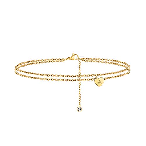 Ursteel Ankle Bracelets for Women, A Initial Anklets 14K Gold Plated Dainty Layered Heart Letter A Anklets for Women Teen Girls