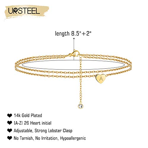 Ursteel Ankle Bracelets for Women, A Initial Anklets 14K Gold Plated Dainty Layered Heart Letter A Anklets for Women Teen Girls