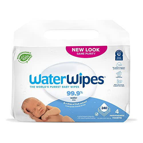 WaterWipes Unscented Baby Wipes, Sensitive and Newborn Skin, 4 Packs (240 Wipes)