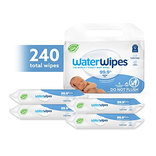 WaterWipes Unscented Baby Wipes, Sensitive and Newborn Skin, 4 Packs (240 Wipes)