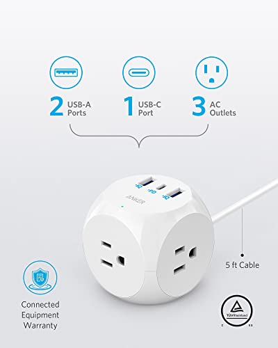 Anker Power Strip with USB C, PowerExtend USB-C 3 Cube with 3 Outlets and USB (30W USB C), 5 ft Extension Cord, Power Delivery High-Speed Charging for iPhone 12/12 Pro / 12 Pro Max, Travel Friendly