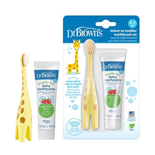 Dr. Brown's Infant-to-Toddler Training Toothbrush Set with Strawberry Fluoride-Free Toothpaste 1.4 oz, Soft for Baby's First Teeth, Giraffe, BPA Free, 0-3 Years