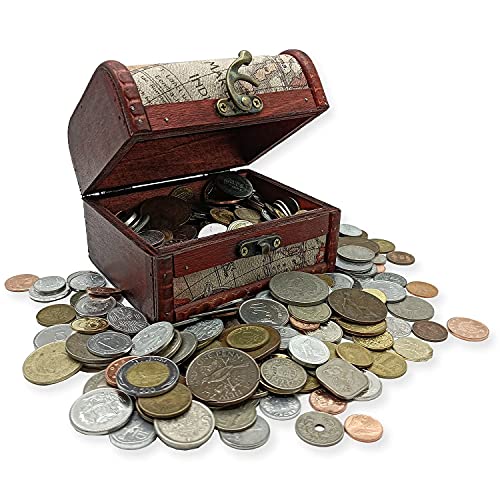 Coin Collection - World Currency Treasure Chest with 2Lb. - Collectible Circulated Coins - 4.7 x 3.5 x 3.5 Decorative Wooden Box - Antique Coins for Collectors (COA Included)