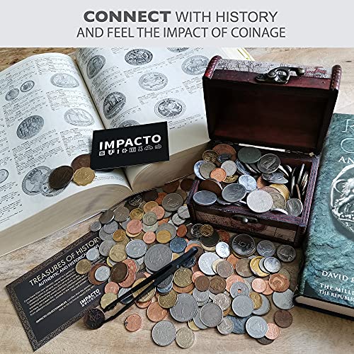 Coin Collection - World Currency Treasure Chest with 2Lb. - Collectible Circulated Coins - 4.7 x 3.5 x 3.5 Decorative Wooden Box - Antique Coins for Collectors (COA Included)