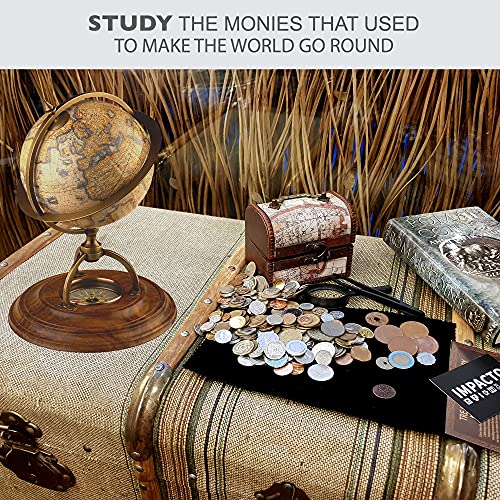 Coin Collection - World Currency Treasure Chest with 2Lb. - Collectible Circulated Coins - 4.7 x 3.5 x 3.5 Decorative Wooden Box - Antique Coins for Collectors (COA Included)