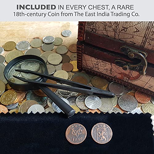 Coin Collection - World Currency Treasure Chest with 2Lb. - Collectible Circulated Coins - 4.7 x 3.5 x 3.5 Decorative Wooden Box - Antique Coins for Collectors (COA Included)