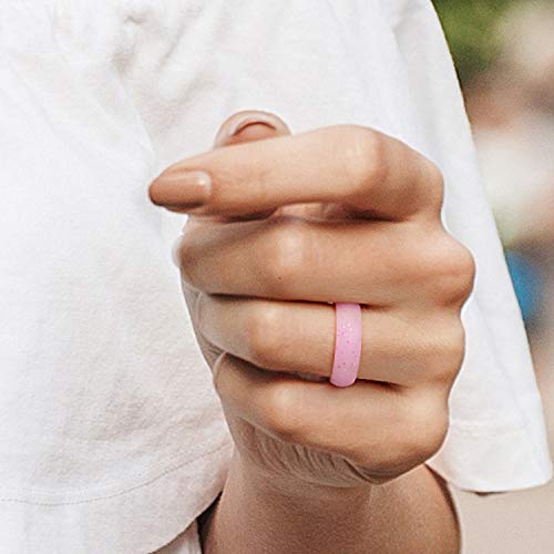 ROQ Silicone Wedding Ring for Women, Set of 4 Silicone Rubber Wedding Bands - Black with Glitter Sparkle Pink, Glitter Teal Turquoise, Glitter Pink - Size 4