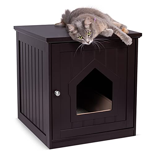 BIRDROCK HOME Decorative Cat House & Side Table - Cat Home Nightstand - Indoor Pet Crate - Litter Box Enclosure - Hooded Hidden Pet Box - Cats Furniture Cabinet - Kitty Washroom (Espresso)