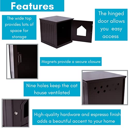 BIRDROCK HOME Decorative Cat House & Side Table - Cat Home Nightstand - Indoor Pet Crate - Litter Box Enclosure - Hooded Hidden Pet Box - Cats Furniture Cabinet - Kitty Washroom (Espresso)