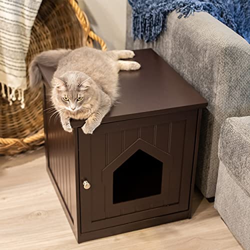 BIRDROCK HOME Decorative Cat House & Side Table - Cat Home Nightstand - Indoor Pet Crate - Litter Box Enclosure - Hooded Hidden Pet Box - Cats Furniture Cabinet - Kitty Washroom (Espresso)