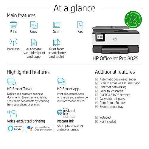 HP OfficeJet Pro 8025 All-in-One Wireless Printer, Smart Home Office Productivity, Instant Ink & Amazon Dash Replenishment Ready (1KR57A)
