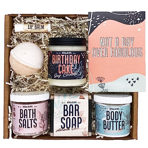 Birthday Gifts for Women by Wax & Wit | Relaxing Gift Basket for Women Wife Sister Girlfriend, Spa Set Birthday Box includes 7 Piece Set, Happy Birthday