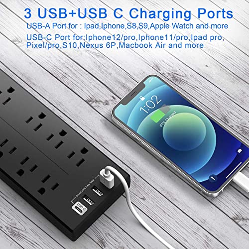 Power Strip, QINLIANF Surge Protector with 8 Outlets and 4 USB Ports, 6 Feet Extension Cord , 2100 Joules, ETL Listed, Black