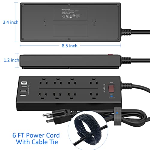 Power Strip, QINLIANF Surge Protector with 8 Outlets and 4 USB Ports, 6 Feet Extension Cord , 2100 Joules, ETL Listed, Black