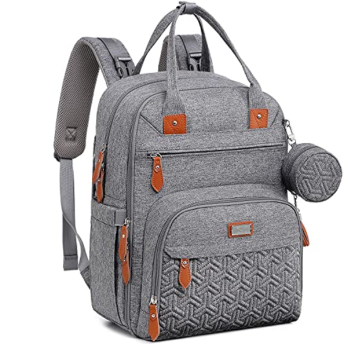 Diaper Bag Backpack, Unisex Baby bags with Changing pad, Insulated Pockets & Pacifier Holder, WELAVILA Large Multifunction Travel Back Pack for Mom & Dad, Gray