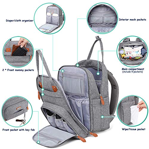 Diaper Bag Backpack, Unisex Baby bags with Changing pad, Insulated Pockets & Pacifier Holder, WELAVILA Large Multifunction Travel Back Pack for Mom & Dad, Gray