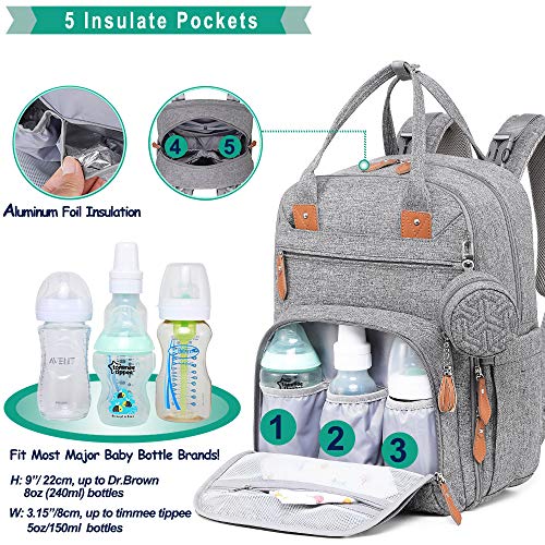 Diaper Bag Backpack, Unisex Baby bags with Changing pad, Insulated Pockets & Pacifier Holder, WELAVILA Large Multifunction Travel Back Pack for Mom & Dad, Gray