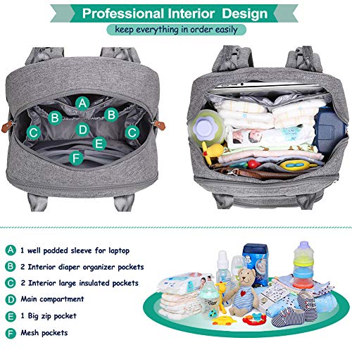 Diaper Bag Backpack, Unisex Baby bags with Changing pad, Insulated Pockets & Pacifier Holder, WELAVILA Large Multifunction Travel Back Pack for Mom & Dad, Gray
