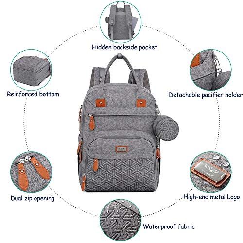 Diaper Bag Backpack, Unisex Baby bags with Changing pad, Insulated Pockets & Pacifier Holder, WELAVILA Large Multifunction Travel Back Pack for Mom & Dad, Gray