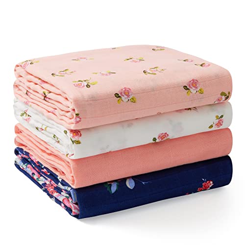 Momcozy Muslin Swaddle Blanket Baby Girl Newborn, 4 Pack Large Wrap Swaddle Blankets Soft Silky Breathable (70% Bamboo + 30% Cotton), Receiving Blanket, Floral Design