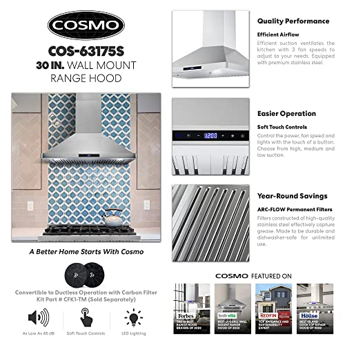 Cosmo 63175S 30 in. Wall Mount Range Hood with Ductless Convertible Duct, Ceiling Chimney-Style Stove Vent, LEDs Light, Permanent Filter, 3 Speed Fan in Stainless Steel