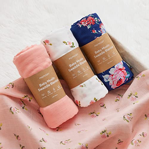 Momcozy Muslin Swaddle Blanket Baby Girl Newborn, 4 Pack Large Wrap Swaddle Blankets Soft Silky Breathable (70% Bamboo + 30% Cotton), Receiving Blanket, Floral Design