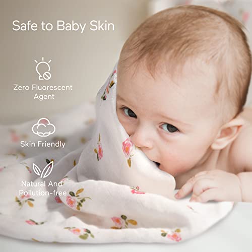 Momcozy Muslin Swaddle Blanket Baby Girl Newborn, 4 Pack Large Wrap Swaddle Blankets Soft Silky Breathable (70% Bamboo + 30% Cotton), Receiving Blanket, Floral Design