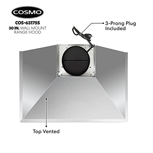 Cosmo 63175S 30 in. Wall Mount Range Hood with Ductless Convertible Duct, Ceiling Chimney-Style Stove Vent, LEDs Light, Permanent Filter, 3 Speed Fan in Stainless Steel