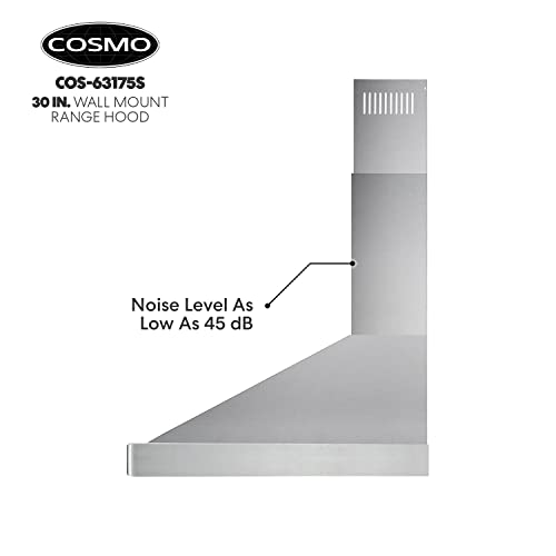 Cosmo 63175S 30 in. Wall Mount Range Hood with Ductless Convertible Duct, Ceiling Chimney-Style Stove Vent, LEDs Light, Permanent Filter, 3 Speed Fan in Stainless Steel