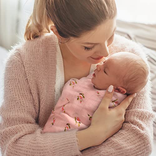 Momcozy Muslin Swaddle Blanket Baby Girl Newborn, 4 Pack Large Wrap Swaddle Blankets Soft Silky Breathable (70% Bamboo + 30% Cotton), Receiving Blanket, Floral Design