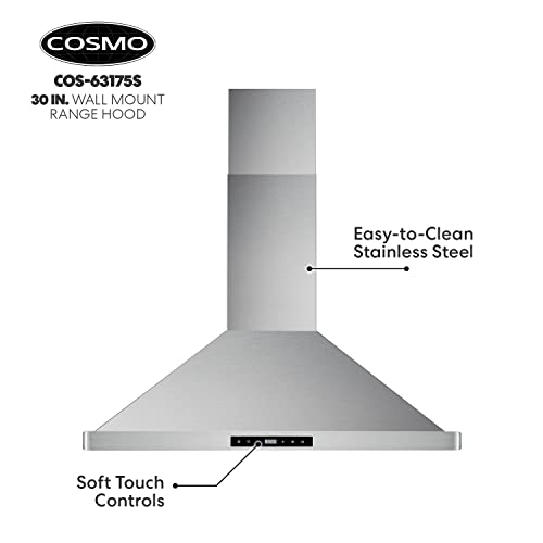 Cosmo 63175S 30 in. Wall Mount Range Hood with Ductless Convertible Duct, Ceiling Chimney-Style Stove Vent, LEDs Light, Permanent Filter, 3 Speed Fan in Stainless Steel
