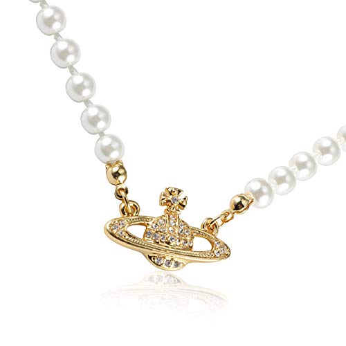 Vivienne Westwood Golden Silver Saturn Pearl Necklace Rhinestone Imitation Necklace with Special Box for Women and Girls
