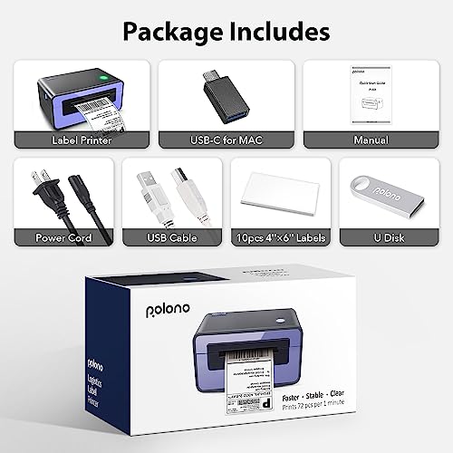 Polono USB Thermal Label Printer - 4x6 Thermal Shipping Label Printer Compatible with Amazon, Ebay, Shopify, and FedEx Labeling with One Click Setup on Windows and Mac