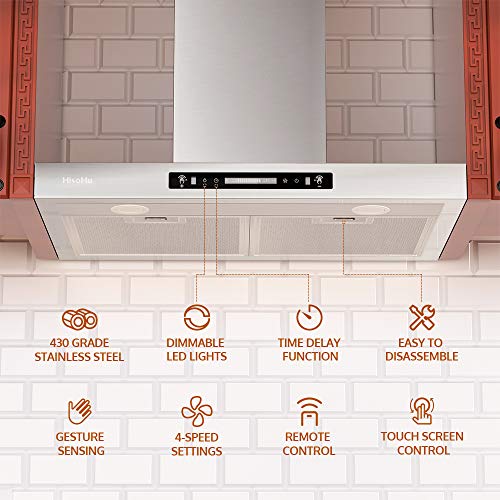 HisoHu Wall Mount Range Hood, 30 Inch 780 CFM Stainless Steel Kitchen Chimney Vent, 4 Speed Gesture Sensing & Touch Control Switch Panel Exhaust Hood with Dimmable LED lights(A01-30")
