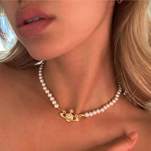 Vivienne Westwood Golden Silver Saturn Pearl Necklace Rhinestone Imitation Necklace with Special Box for Women and Girls