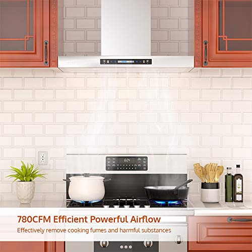 HisoHu Wall Mount Range Hood, 30 Inch 780 CFM Stainless Steel Kitchen Chimney Vent, 4 Speed Gesture Sensing & Touch Control Switch Panel Exhaust Hood with Dimmable LED lights(A01-30")