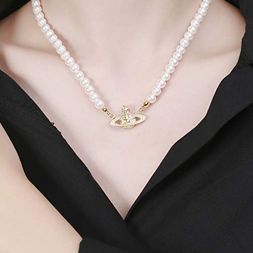 Vivienne Westwood Golden Silver Saturn Pearl Necklace Rhinestone Imitation Necklace with Special Box for Women and Girls