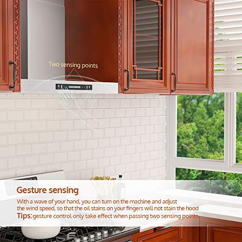 HisoHu Wall Mount Range Hood, 30 Inch 780 CFM Stainless Steel Kitchen Chimney Vent, 4 Speed Gesture Sensing & Touch Control Switch Panel Exhaust Hood with Dimmable LED lights(A01-30")